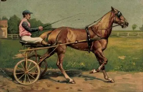 Präge Litho Trabrennen, Jockey, Sulky