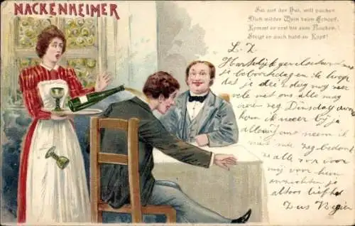 Litho Nackenheimer Wein, Reklame, Humor, Flasche kippt in einen Kragen