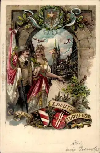 Präge Litho Nürnberg, X. Deutsches Turnfest, Straßenpartie, Wappen, Kirche