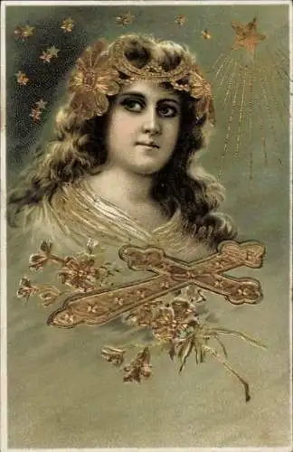 Präge Litho Allegorie, Frauenbildnis, Kreuz