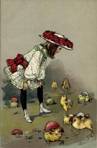 Präge Litho Glückwunsch Ostern, Küken schlüpfen aus Eiern, Mädchen in Kleid und Hut