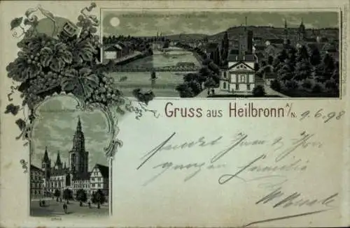 Mondschein Litho Heilbronn am Neckar, Stadtansicht, Kilianskirche