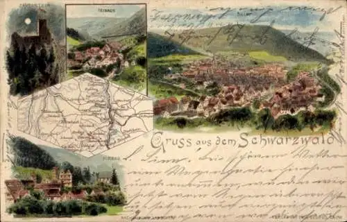 Landkarten Litho Hirsau Calw im Schwarzwald, Teinach Zavelstein, Stadtansichten