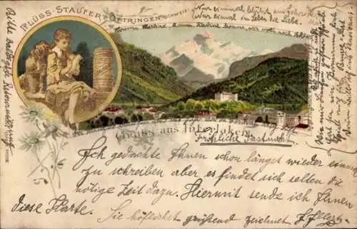 Litho Interlaken Kanton Bern Schweiz, Stadtansicht, Reklame, Plüss-Staufer Oftringen