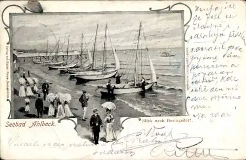 Ak Ostseebad Ahlbeck auf Usedom, Blick nach Heringsdorf, Strandpartie, Segelboote