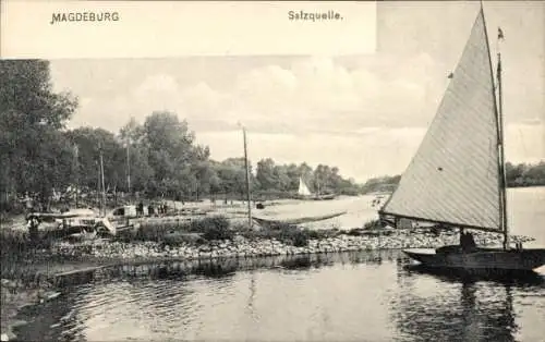 Ak Magdeburg an der Elbe, Salzquelle, Segelboot