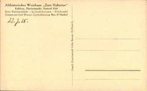 Ak Koblenz, Althistorisches Weinhaus Zum Hubertus, Florinsmarkt, Wein-Gedicht