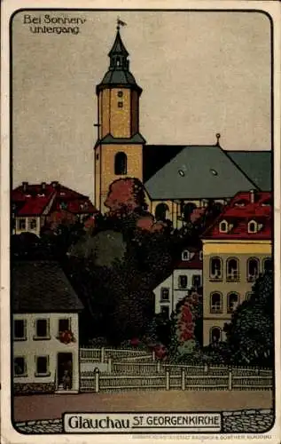 Steindruck Ak Glauchau in Sachsen, St. Georgenkirche bei Sonnenuntergang