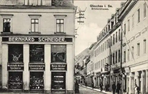 Ak Glauchau in Sachsen, Brüderstraße, Geschäft von Bernhard Schneider