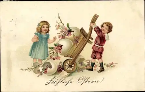 Ak Glückwunsch Ostern, Kinder, Schubkarre, Ostereier