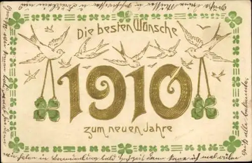 Präge Ak Glückwunsch Neujahr 1910, Glücksklee, Tauben