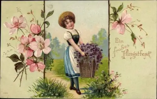 Präge Litho Glückwunsch Pfingsten, Mädchen mit Blumenkorb