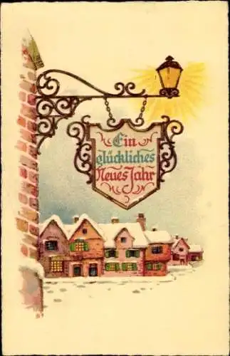Ak Glückwunsch Neujahr, Restaurants-Schild, Häuser