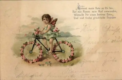 Ak Kommt mein Bote zu Dir hin, Fahrrad aus Blumen, Fee