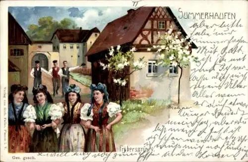 Künstler Litho Metzner, Fröbersgrün Syrau Rosenbach Vogtl., Summerhaufen, Tracht