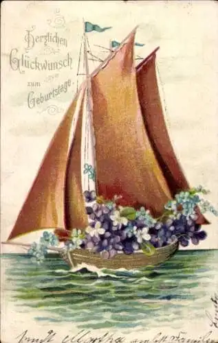 Präge Ak Glückwunsch Geburtstag, Segelboot mit Blumen