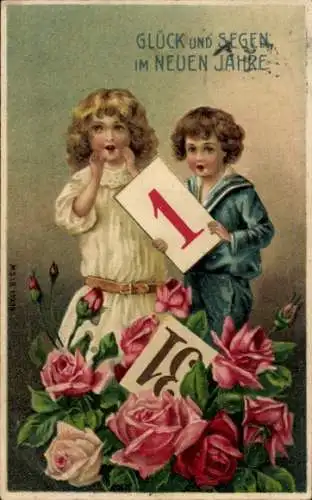 Präge Litho Glückwunsch Neujahr, Kinder mit Kalenderblatt und Rosen