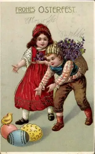 Präge Litho Glückwunsch Ostern, Kinder, Ostereier, Küken, Veilchen