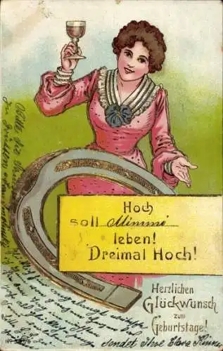 Präge Litho Glückwunsch Geburtstag, Hoch soll Mimmi leben, Hufeisen, Frau mit Weinglas