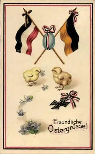 Präge Ak Glückwunsch Ostern, Küken, Fahnen, Ei, eisernes Kreuz