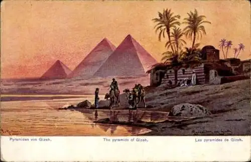 Künstler Ak Perlberg, F., Gizeh Ägypten, Pyramiden, Nilufer, Kamele, Abendstimmung