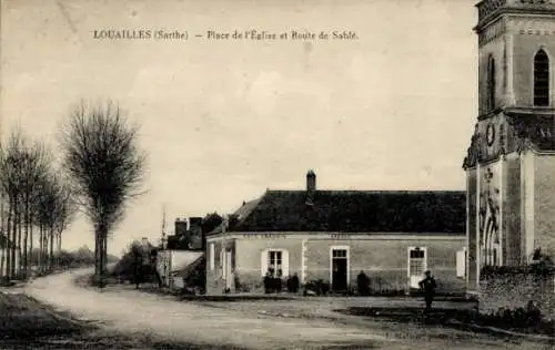 Ak Louailles Sarthe, Place de l’Eglise, Route de Sablé