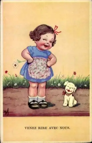 Künstler Ak Scheuermann, Willi, Lachendes Mädchen und Hund
