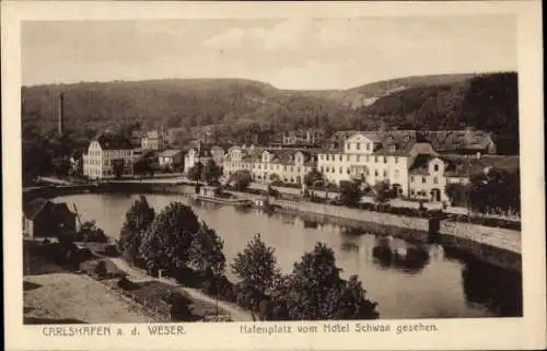 Ak Bad Karlshafen an der Weser, Hafenplatz, Blick vom Hotel Schwan