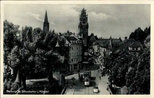 Ak Freiburg im Breisgau, Schwabentor, Münster, Straßenbahn