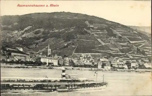 Ak Assmannshausen Rüdesheim am Rhein, Gesamansicht, Dampfer