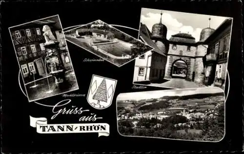 Passepartout Ak Tann in der Rhön in Osthessen, Schwimmbad, Marktbrunnen, Stadttor, Ort