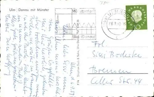 Ak Ulm an der Donau, Panorama, Münster