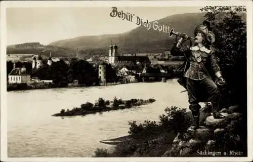 Ak Bad Säckingen am Hochrhein Kreis Waldshut, Trompeter von Säckingen, Teilansicht der Stadt, Kirche