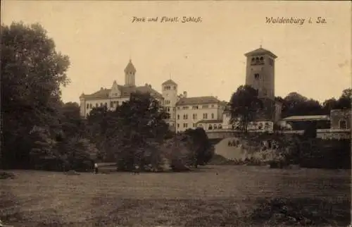 Ak Waldenburg in Sachsen, Park und Fürstliches Schloss, Turm, Häuser