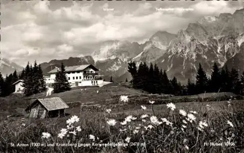 Ak Mittenwald in Oberbayern, Gasthof St. Anton am Kranzberg, Panorama, Karwendelgebirge