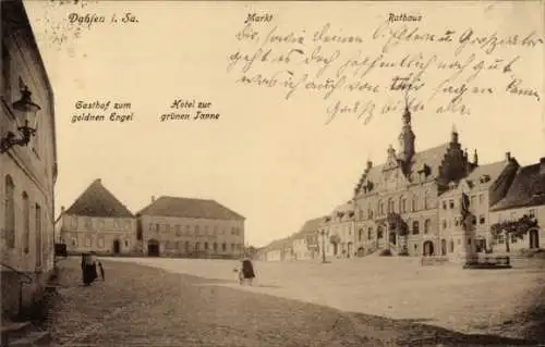 Ak Dahlen in Sachsen, Markt, Rathaus, Gasthof zum goldenen Engel, Hotel zur grünen Tanne