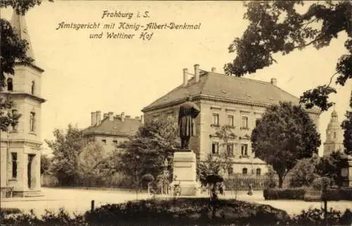 Ak Frohburg in Sachsen, Amtsgericht, König Albert Denkmal, Wettiner Hof