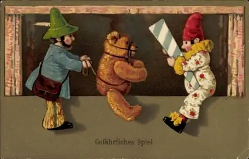 Ak Gefährliches Spiel, Teddy, Kasper, Puppentheater