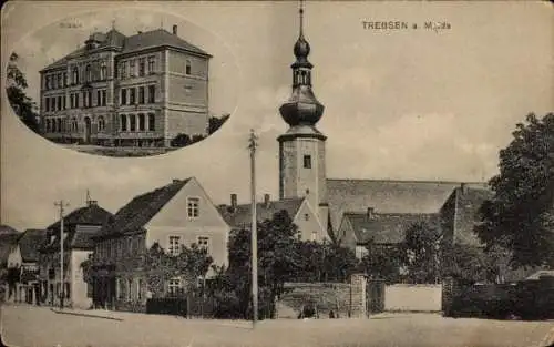 Ak Trebsen an der Mulde Sachsen, Schule, Straßenpartie