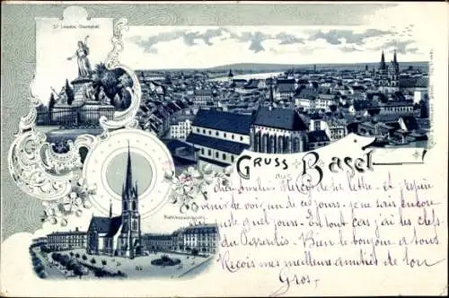 Litho Basel Stadt Schweiz, Panorama, Kirche, Denkmal