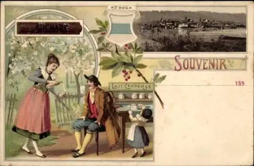 Litho Zug Stadt Schweiz, Gesamtansicht, Volkstrachten, Lait Condense, Chocolat Suchard