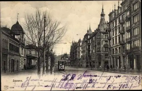 Ak Luzern Stadt Schweiz, Straßenpartie, Straßenbahn