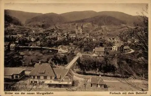 Ak Forbach Baden, Gesamtansicht, Bahnhof der neuen Murgtalbahn