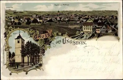 Litho Ungstein Bad Dürkheim am Pfälzerwald, Kirche, Panorama mit Pfeffingen