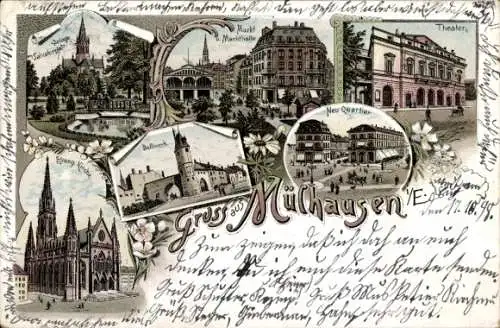 Litho Mulhouse Mülhausen Elsass Haut Rhin, Theater, Markt, Kirche, Bollwerk