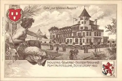 Litho Düsseldorf am Rhein, Industrie- u. Gewerbe Ausstellung 1902, Cafe zur Schönen Aussicht