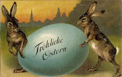 Litho Glückwunsch Ostern, Zwei Hasen mit großem Osterei