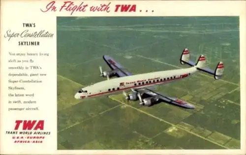 Ak US Amerikanisches Passagierflugzeug, TWA, Super Constellation Skyliner