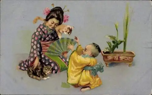 Ak Japan, Japanerin im Kimono mit Katzen und Kind
