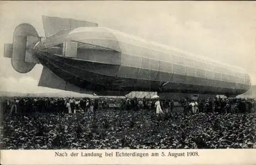 Ak Leinfelden Echterdingen auf den Fildern, Zeppelin nach der Landung, 1908